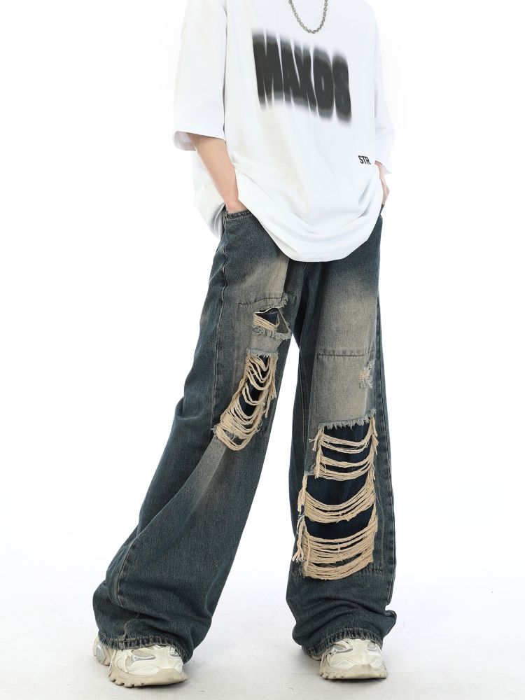 2000s Zerrissene Baggy Jeans mit Fake Loch Unisex