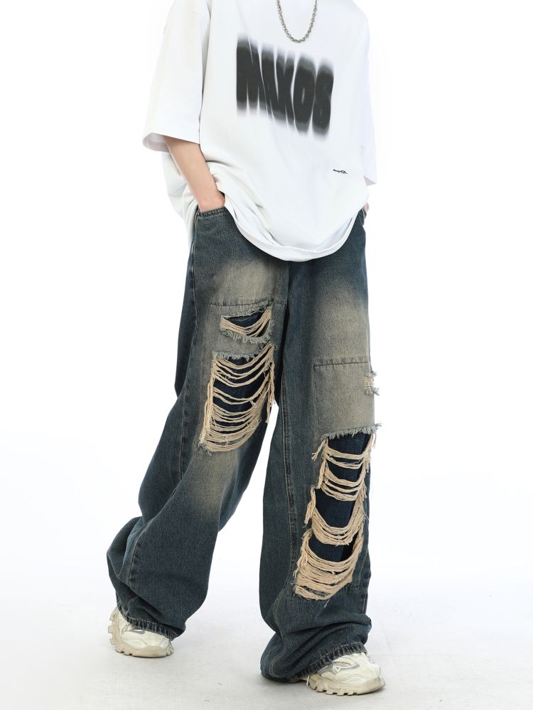 2000s Zerrissene Baggy Jeans mit Fake Loch Unisex