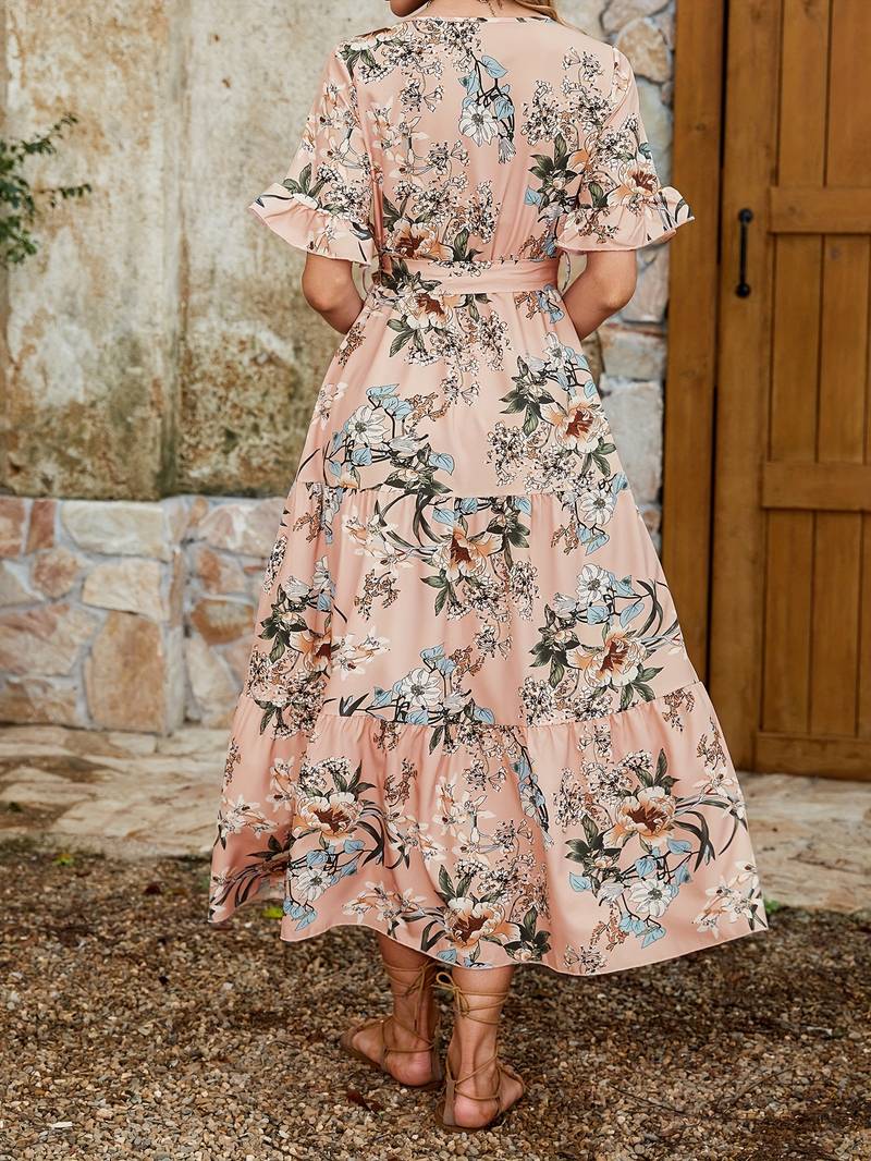 Lily – kurzärmliges rüschenkleid mit blumendruck und v-ausschnitt