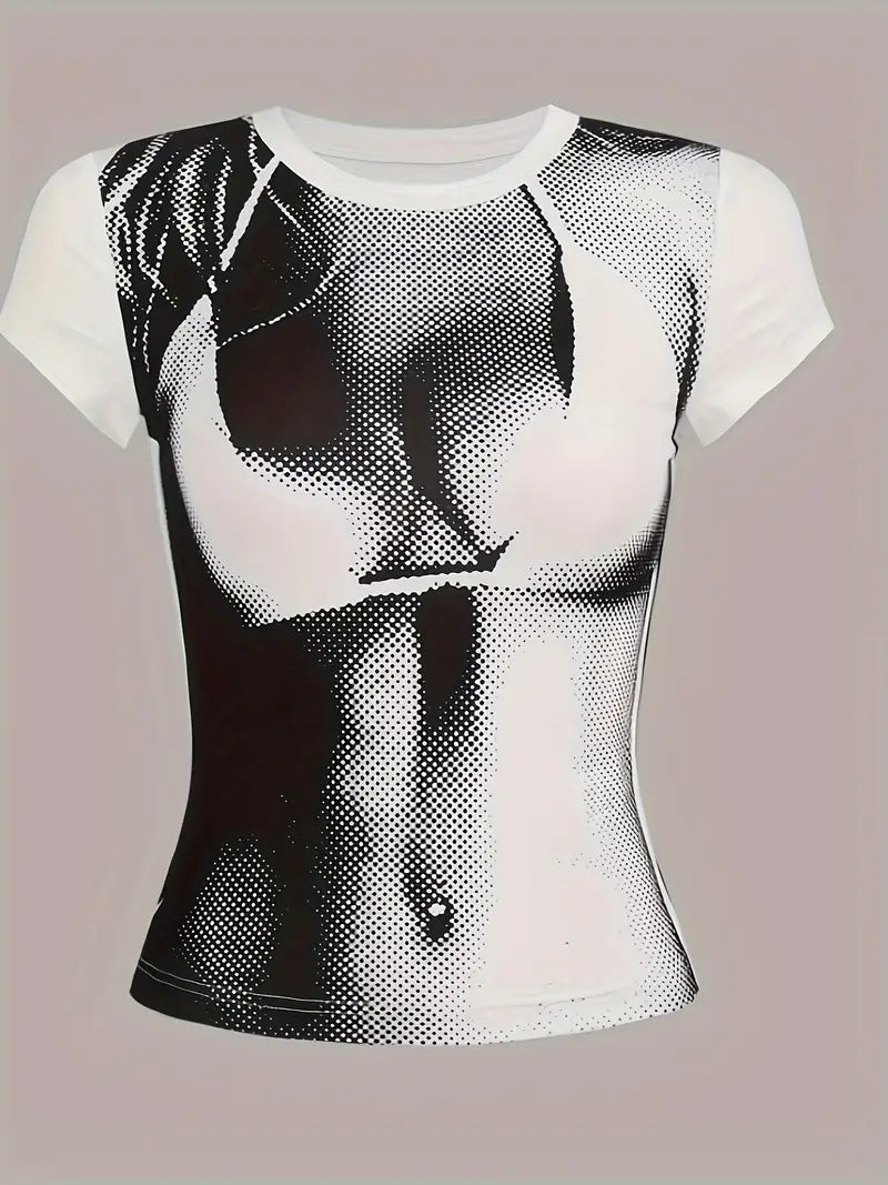 Vintage Grafik Druck Rundhalsausschnitt Kurzarm Crop Top