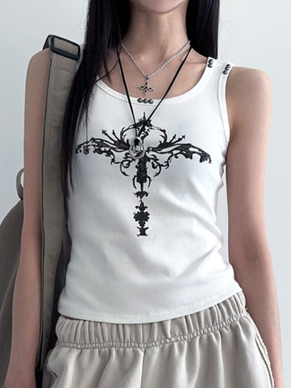 Weißes Gothic Print Nieten Tank Top