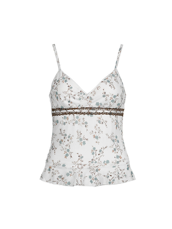 Vintage Spitze Nähen Gekräuselt Perspektive Mesh Cami Top