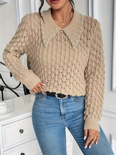 Dreithen | Stylischer unifarbener Pullover mit Perlenverzierungen