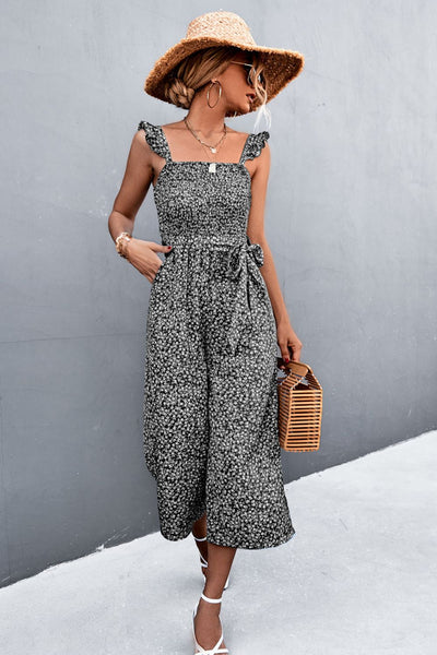 Carlyn | Bedruckter Jumpsuit mit gerafften Trägern für Damen