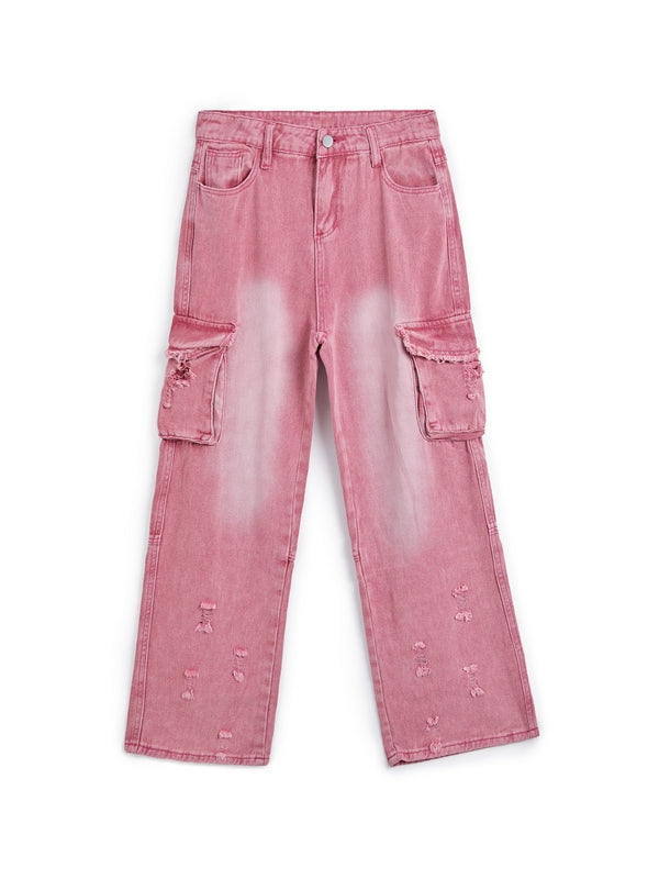 Rosa Y2K Multi Taschen Ripped Cargo Jeans mit Verblasstem Effekt