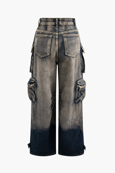 Ombre Punk Weit Geschnittene Cargo Jeans mit Mehreren Taschen