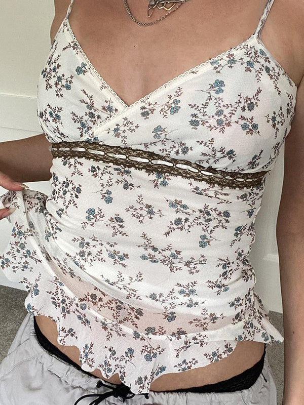 Vintage Spitze Nähen Gekräuselt Perspektive Mesh Cami Top