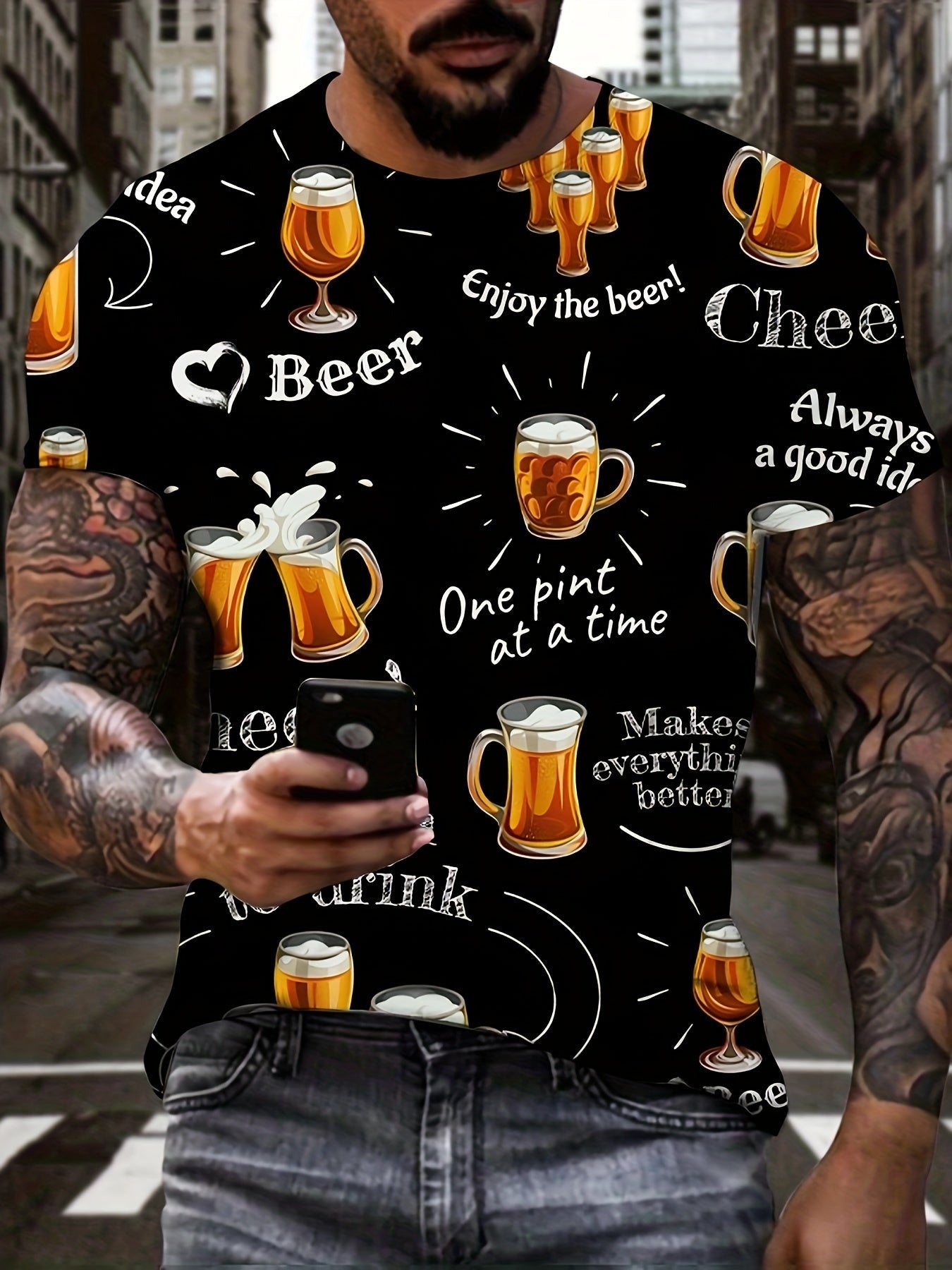 Abel | Herren-T-Shirt mit Oktoberfest-Bier-Motiv und 3D-Digitalmusterdruck