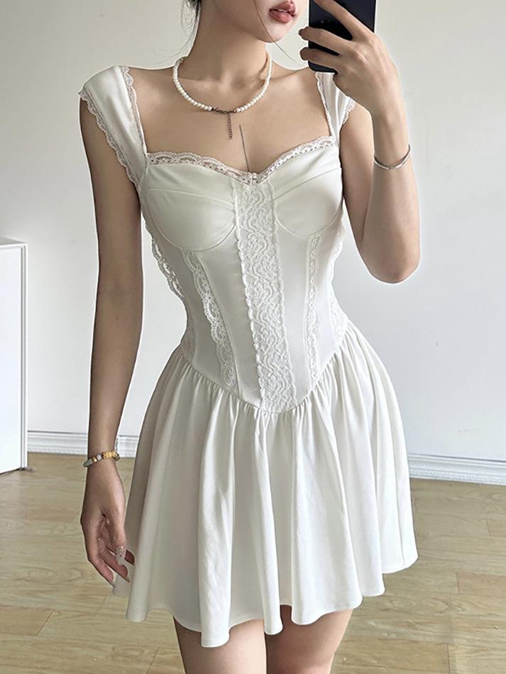 Weißes Französisches A-Line Corsagenkleid mit Spitze