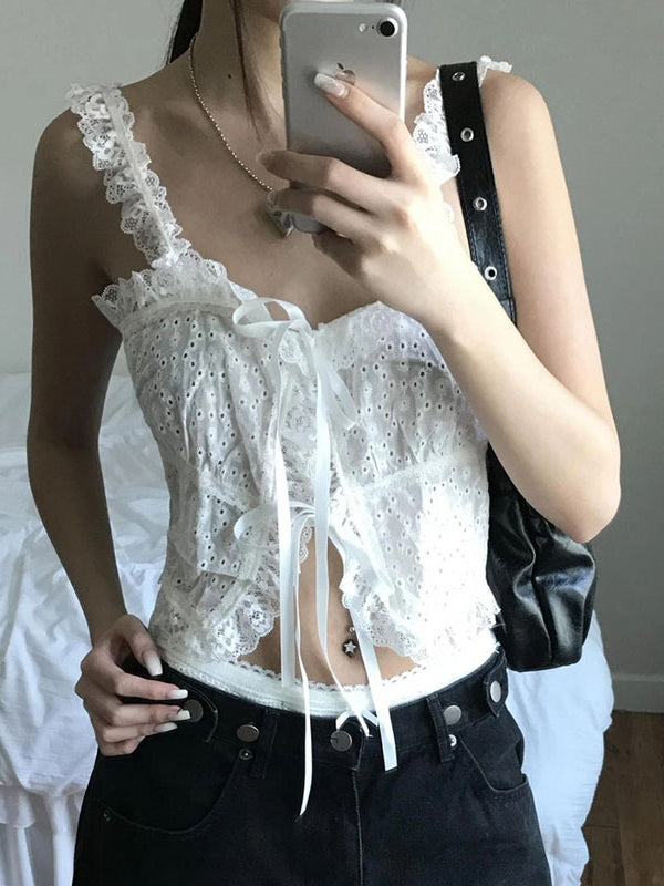 Weißes Fairycore Jacquard Spitzen Schnürung Cami Top