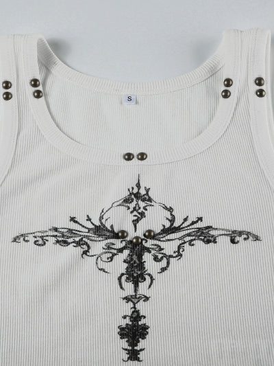 Weißes Gothic Print Nieten Tank Top