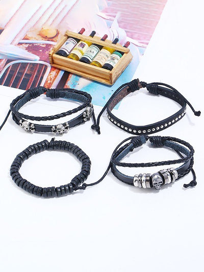 4 Stück Schwarzes Punk Totenkopf Pu Leder Armband Set