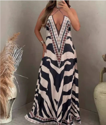 Maevelyn | Chic Zebra Print Backless Halter Neck Dress
