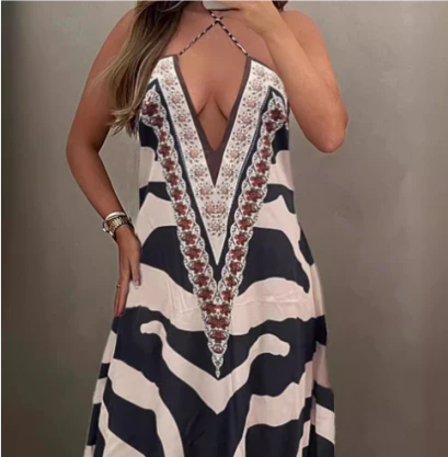 Maevelyn | Chic Zebra Print Backless Halter Neck Dress
