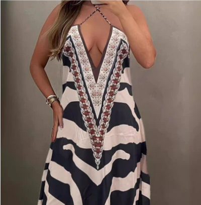 Maevelyn | Chic Zebra Print Backless Halter Neck Dress