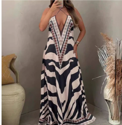 Maevelyn | Chic Zebra Print Backless Halter Neck Dress