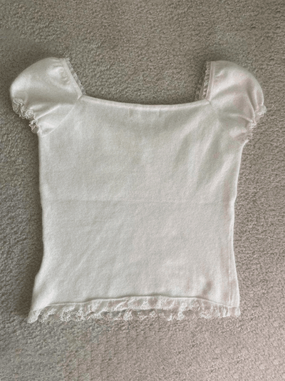 Weiße Vintage Spitzenbesatz Puffärmeln Bluse