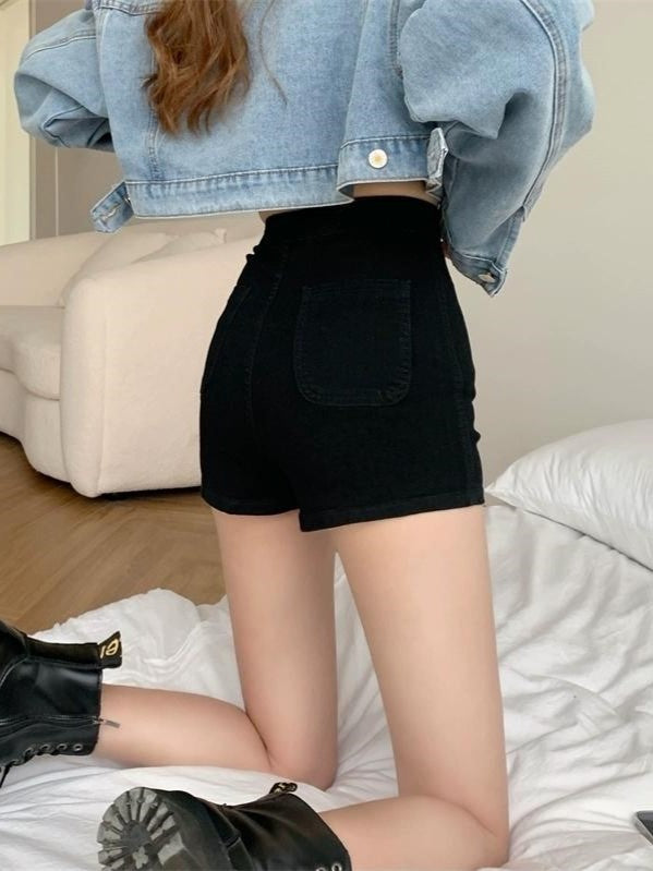 Schwarze Klassische Enganliegende Hochtaillierte Denim Shorts