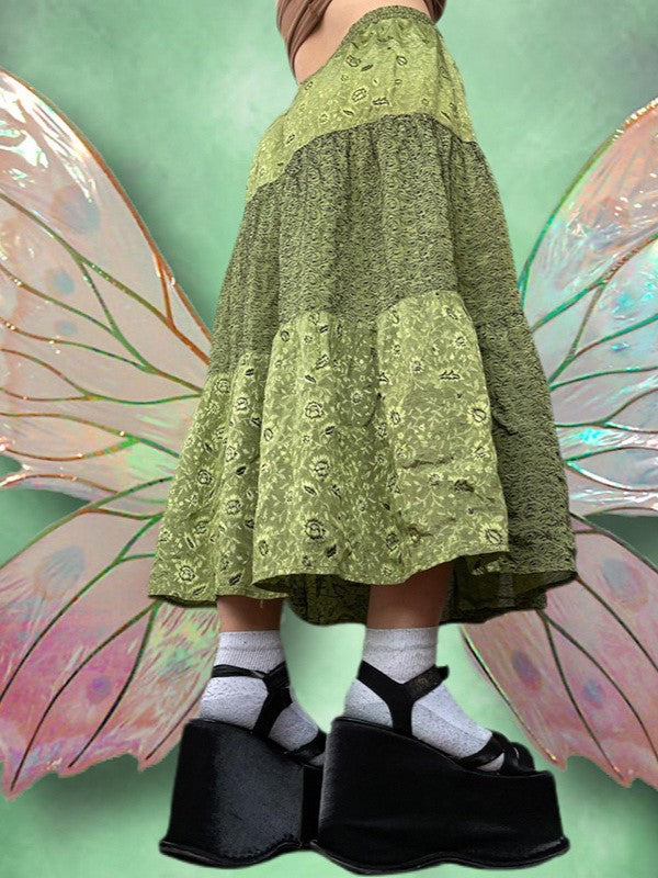 Grüner Fairy Grunge Patchwork Maxirock mit Kordelzug