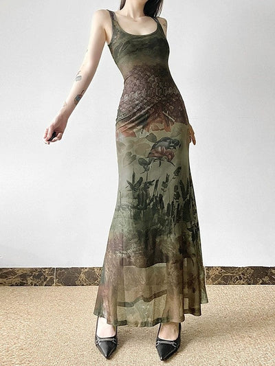 Vintage Botanisch Bedrucktes Figurbetontes Midikleid