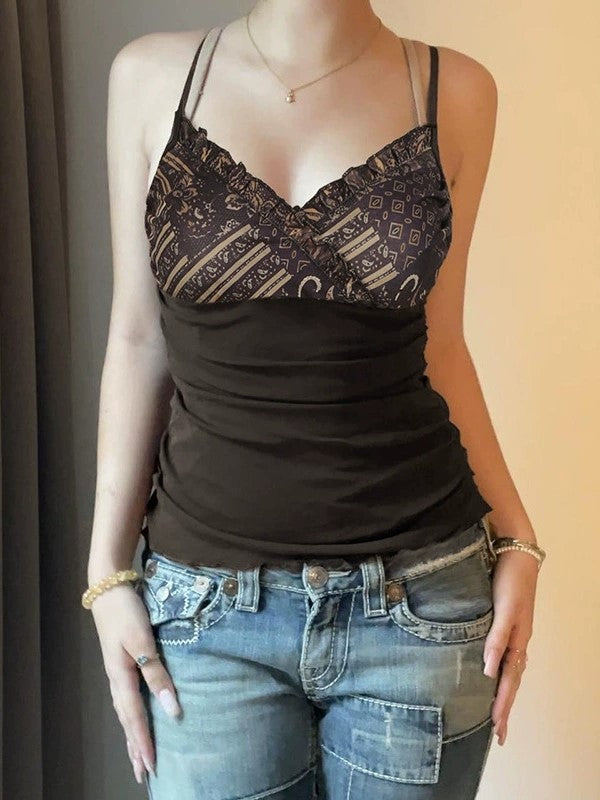 Braunes Vintage Bedrucktes Gerüschtem Saum Cami Top