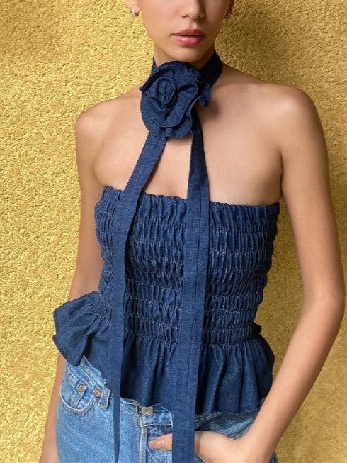 Vintage Denim Blumenverzierung Falten Bandeau Top