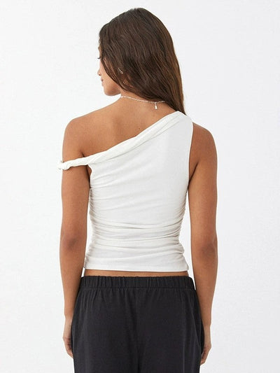 Weißes Einseitiges Gerafftes Asymmetrisches Slim Tank Top