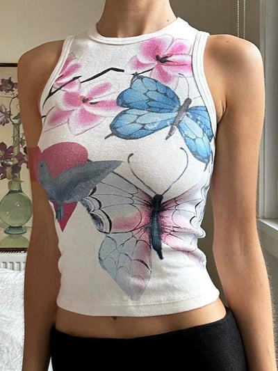 Vintage Blumen & Schmetterlingsmuster Slim Fit Tank Top