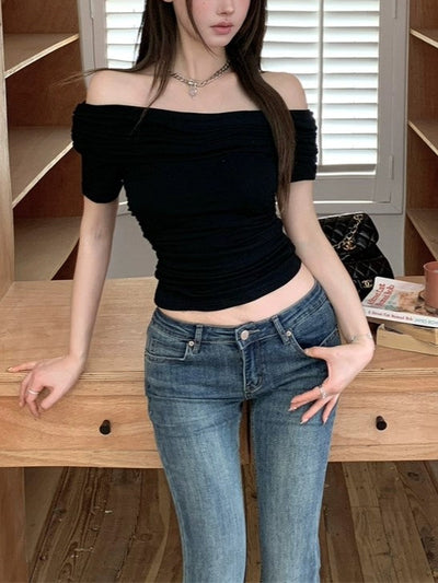 Schulterfreiem Schnitt Rüschen Kurzarm Crop Top