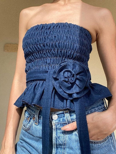 Vintage Denim Blumenverzierung Falten Bandeau Top