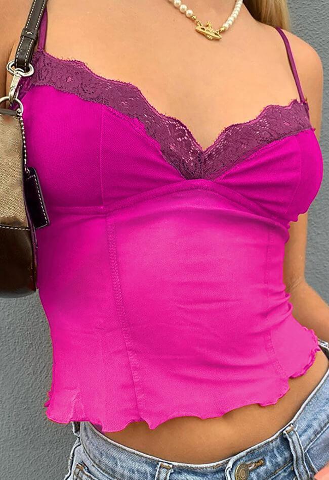 Vintage Sheer Mesh Pilz Cami Top mit V-Ausschnitt