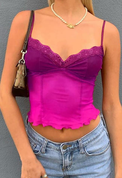 Vintage Sheer Mesh Pilz Cami Top mit V-Ausschnitt