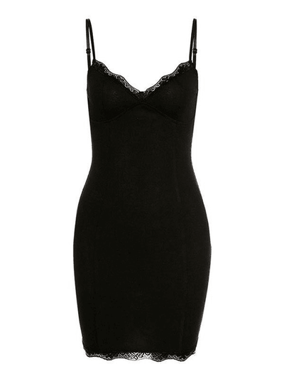 Schwarzes Vintage V-Ausschnitt Spitzenbesatz Bodycon Minikleid