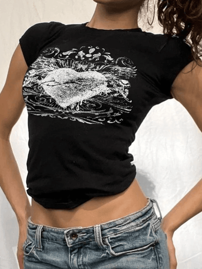 Y2k Herz Druck Slim Fit Kurzarm Crop Top