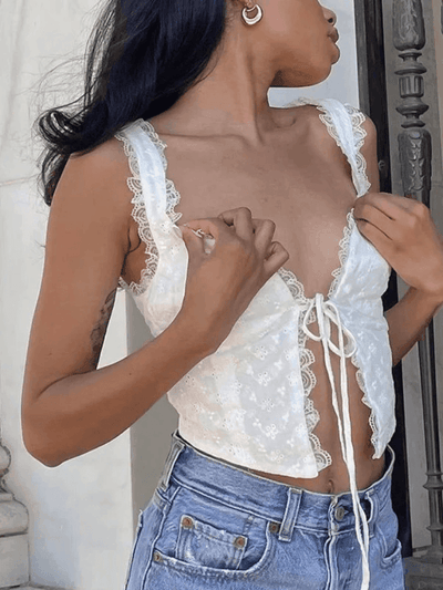 Weißes Lace Crop Tank Top mit Bindung Vorne