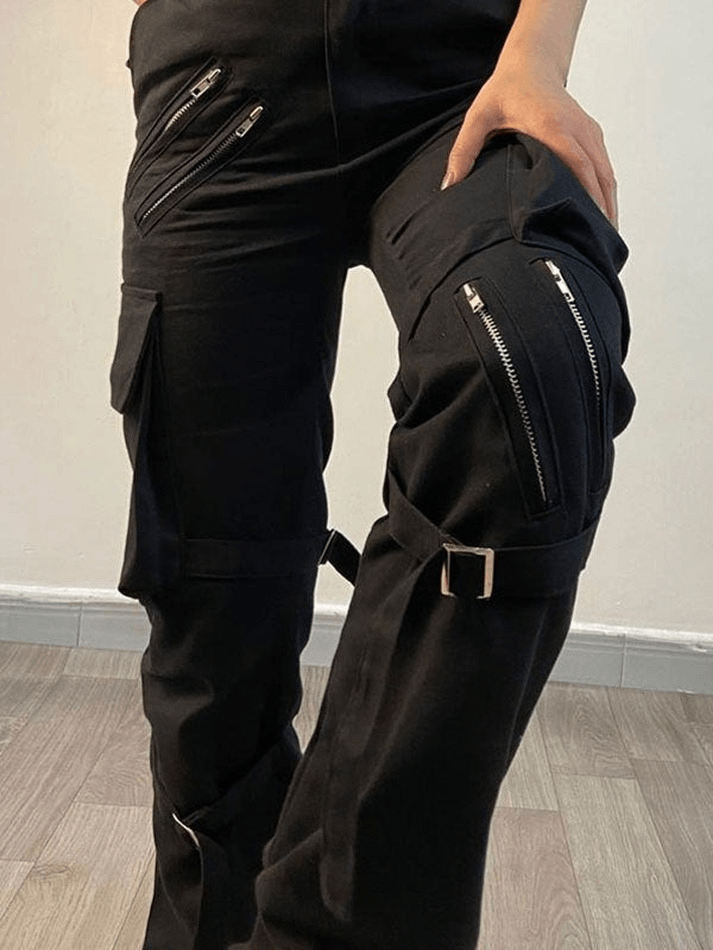 Schwarze Hip Hop Reißverschluss Cargohose mit Riemen Details