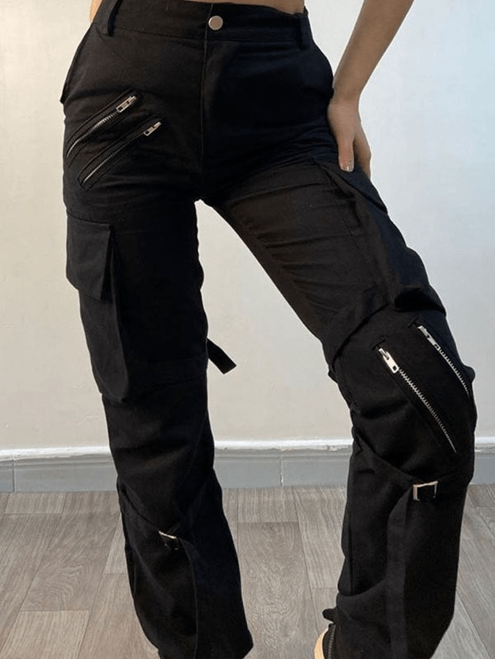 Schwarze Hip Hop Reißverschluss Cargohose mit Riemen Details