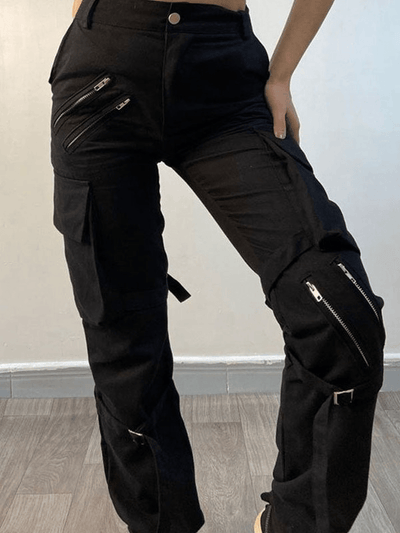 Schwarze Hip Hop Reißverschluss Cargohose mit Riemen Details