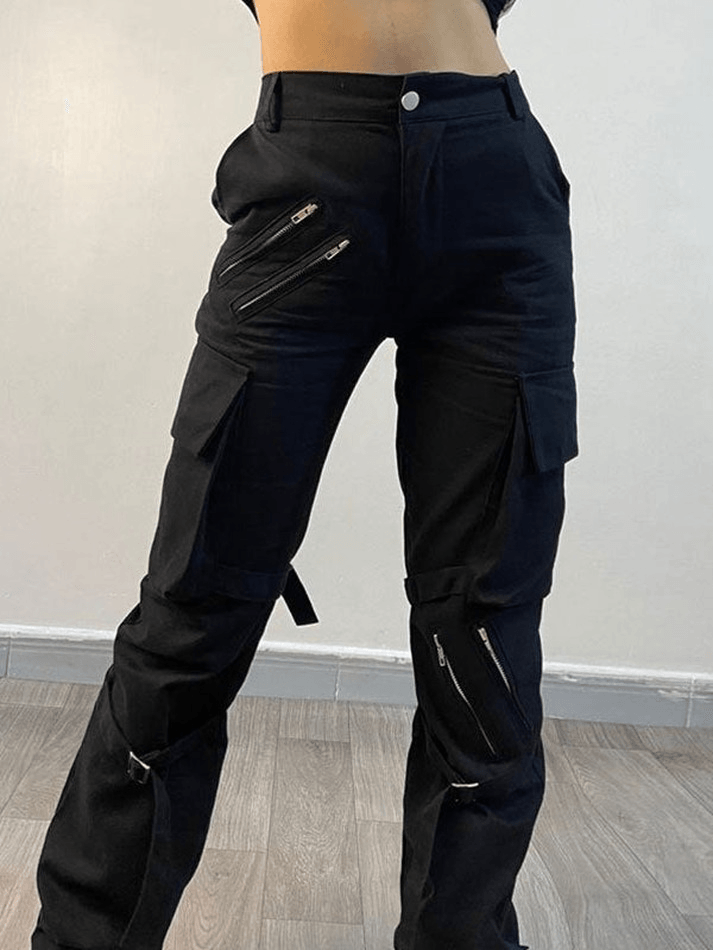 Schwarze Hip Hop Reißverschluss Cargohose mit Riemen Details